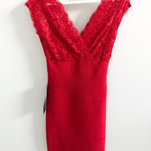 Bebe Red Lace Bodycon Dress - Picture 2 of 11